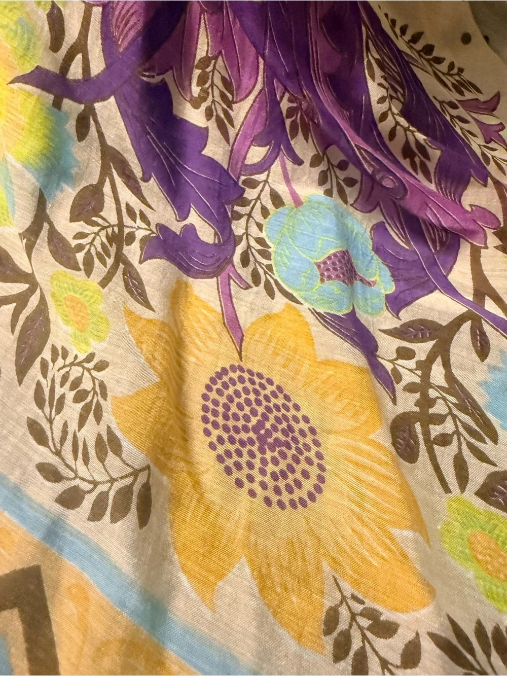 Aratta Floral Tassel Scarf/Wrap in Cream, Purple and Teal